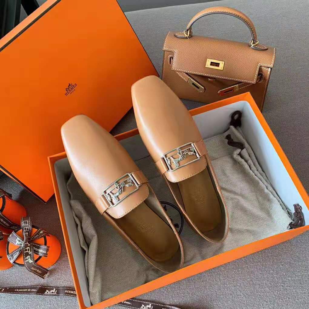 Hermes Women Time Loafer Goatskin with Detailed Openwork Hardware-Brown