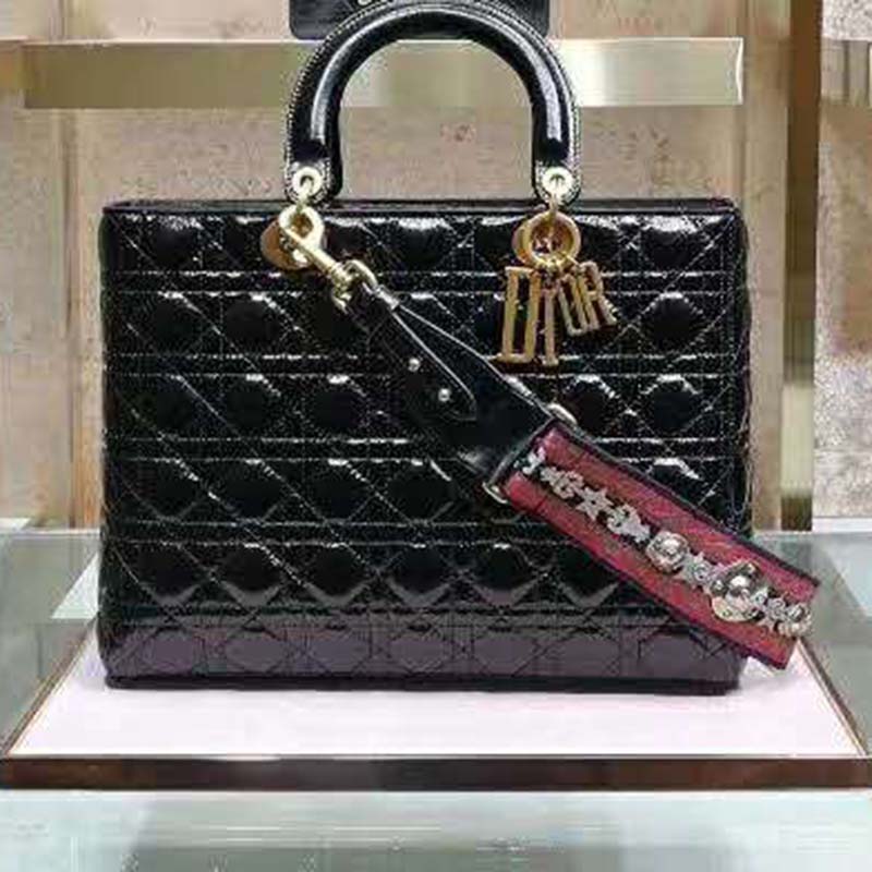Dior Women Large Lady Dior Bag Black Cannage Patent Calfskin