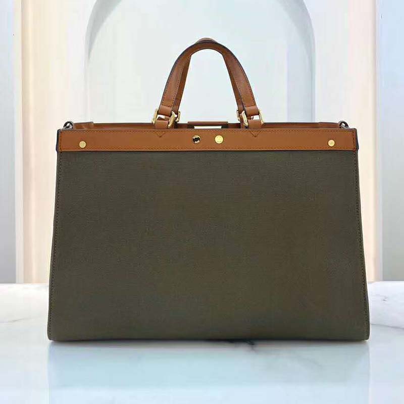 Fendi Women Medium Peekaboo X-Tote Green Canvas Bag-Brown