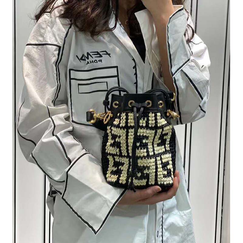 Fendi Women Mon Tresor Bucket Bag FF Motif Black Leather