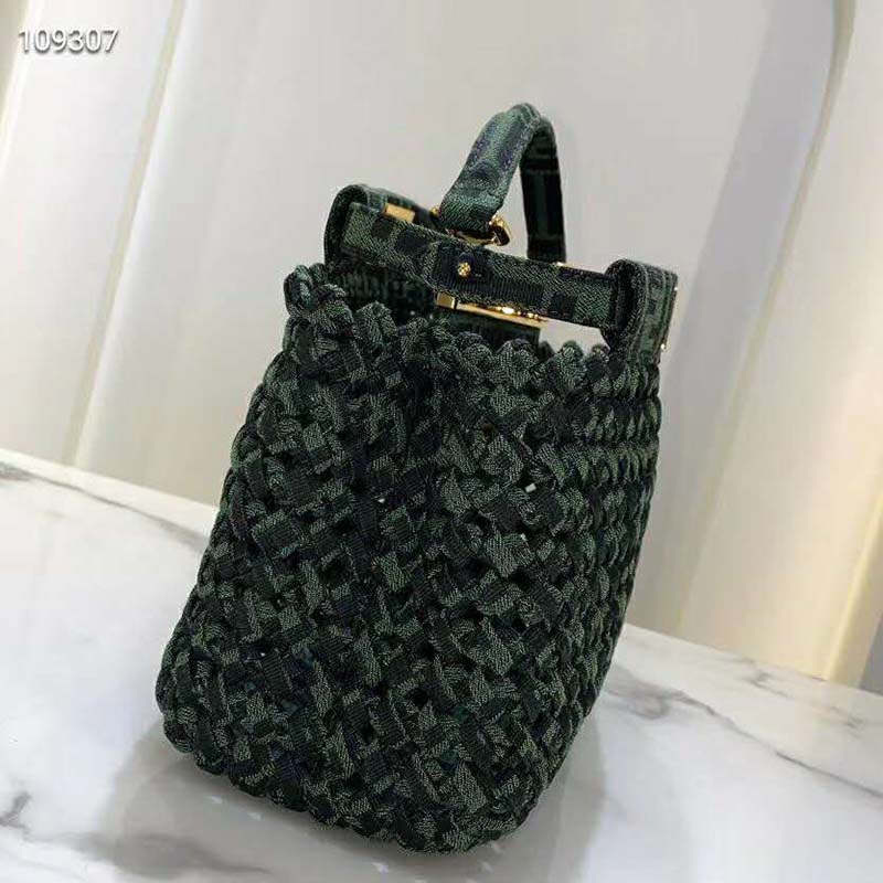 Fendi Women Peekaboo Iconic Mini Jacquard Fabric Interlace Bag-Dark Green