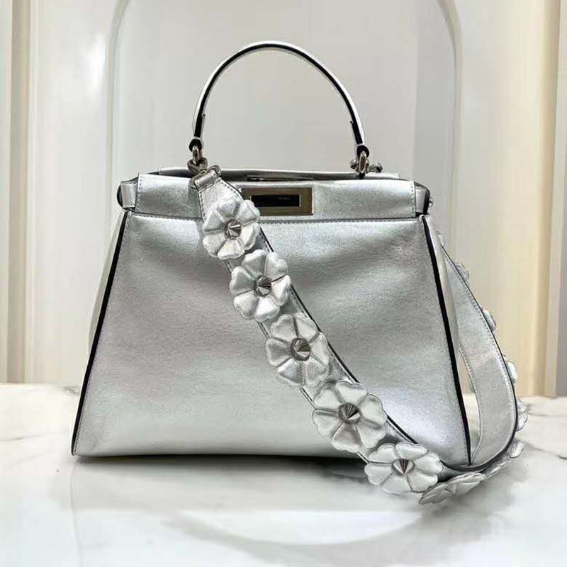 Fendi Women Peekaboo Iconic XS Mini Silver Mirror-Effect Leather Bag