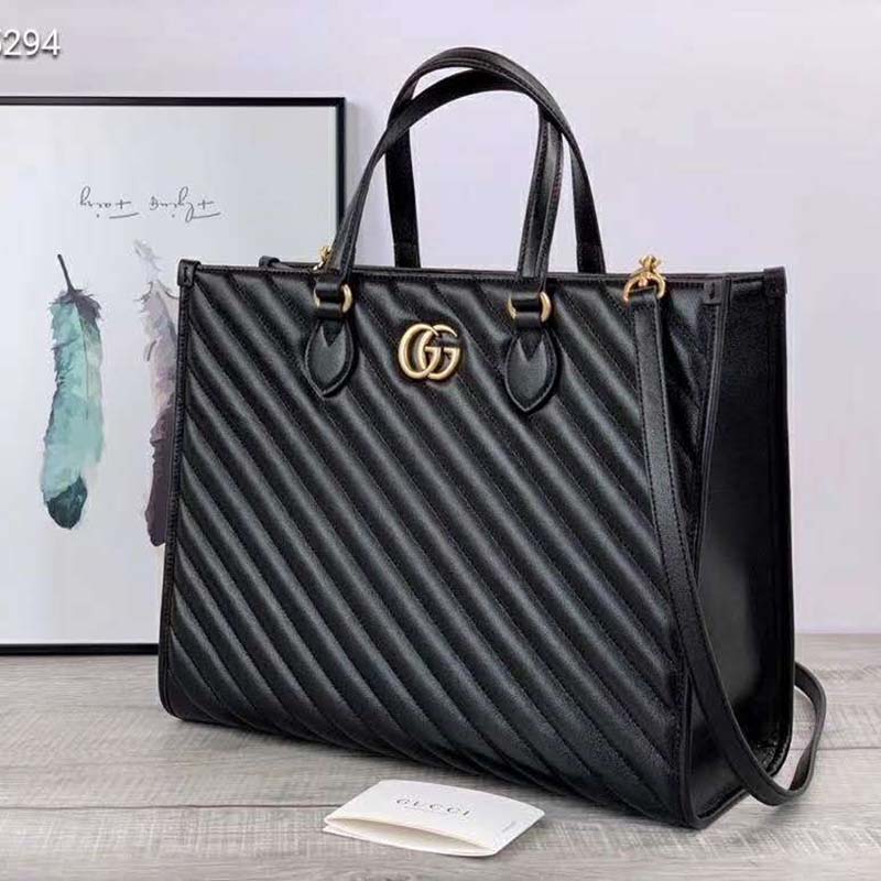 G*u*i gg unisex gg marmont medium tote bag black matelassé leather