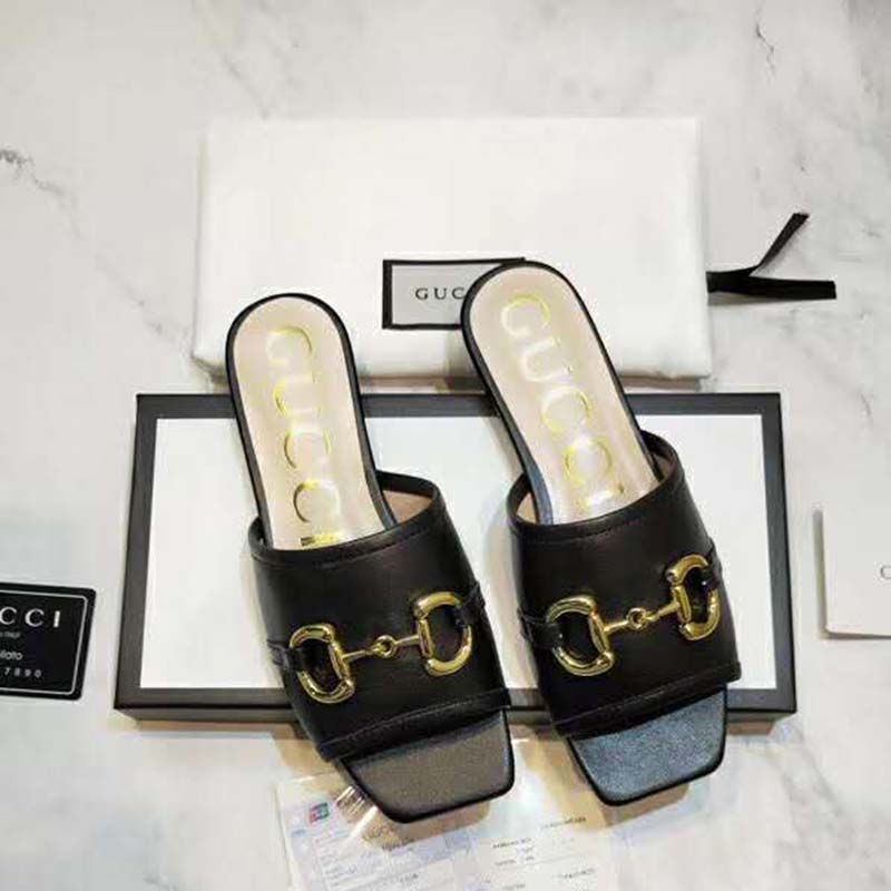 G*u*i women’s leather slide sandal with horsebit black leather