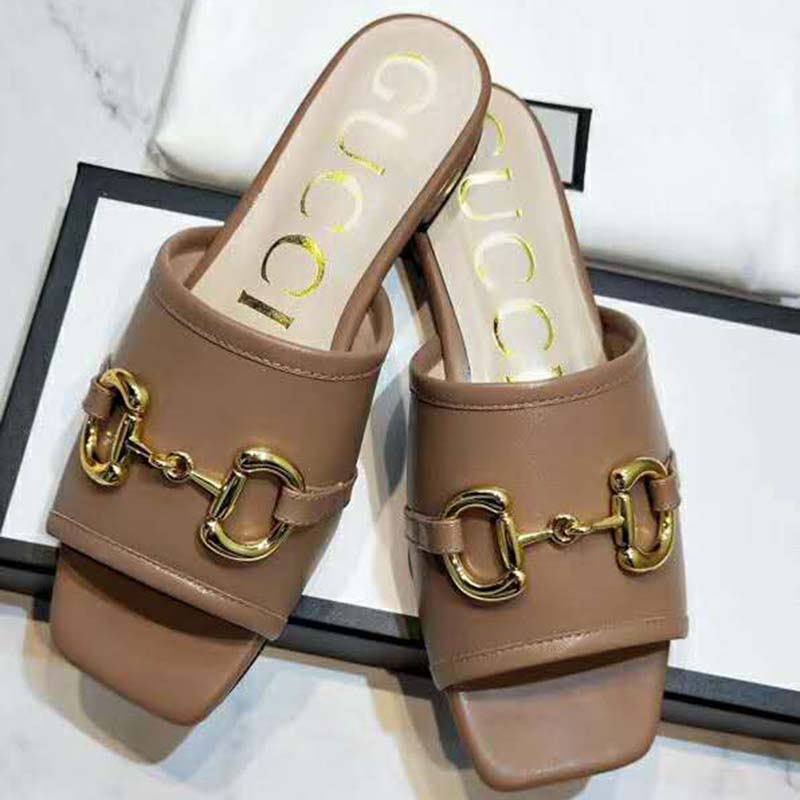 G*u*i women’s leather slide sandal with horsebit brown leather