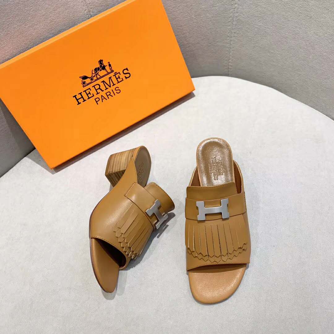 Hermes Women Alma Sandal Calfskin Fringe Detail Palladium Plated “H”-Brown