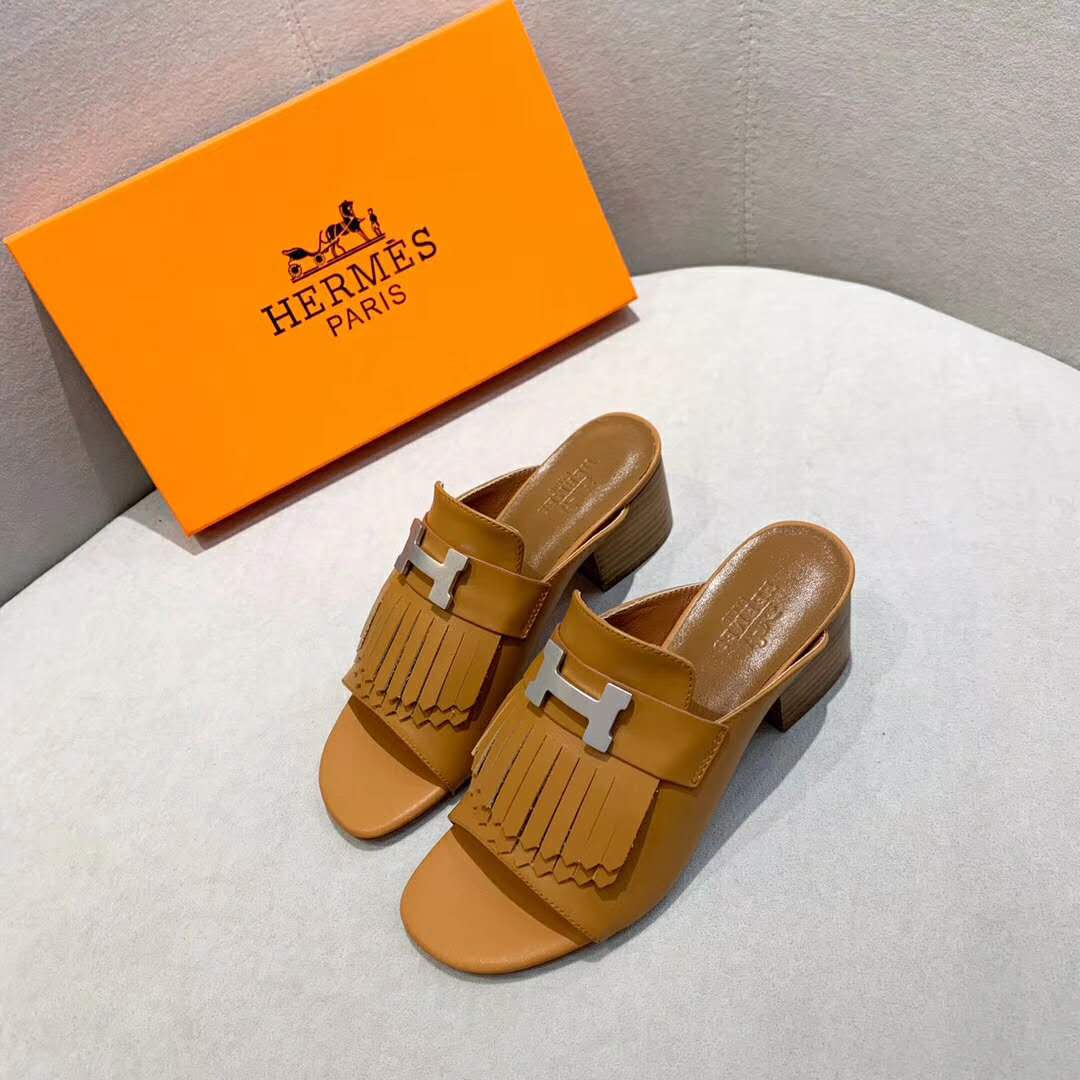 Hermes Women Alma Sandal Calfskin Fringe Detail Palladium Plated “H”-Brown