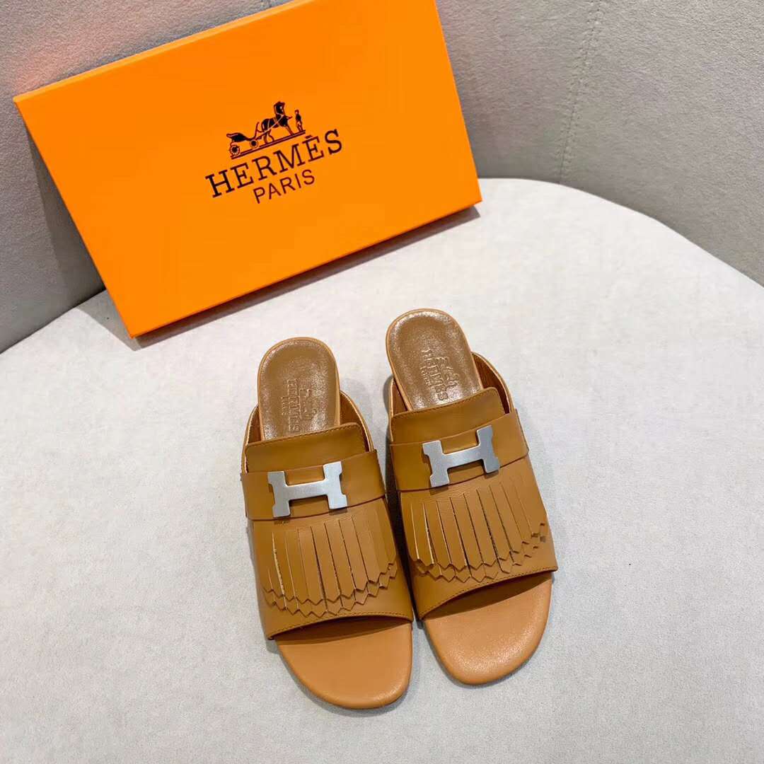 Hermes Women Alma Sandal Calfskin Fringe Detail Palladium Plated “H”-Brown