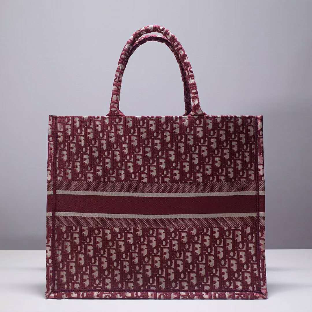 Dior Unisex Dior Book Tote Maroon Dior Oblique Embroidered Velvet