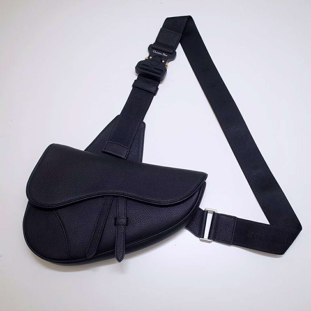 Dior Unisex Saddle Bag Black Grained Calfskin Christian Dior CD Buckle