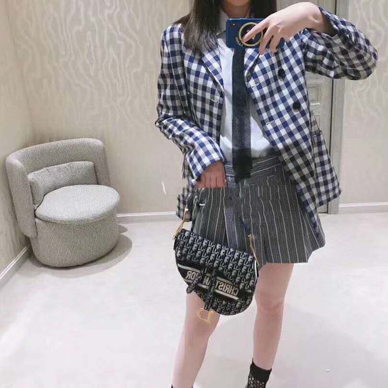 Dior Women Double-Breasted Button Jacket Blue White Check Wool Twill