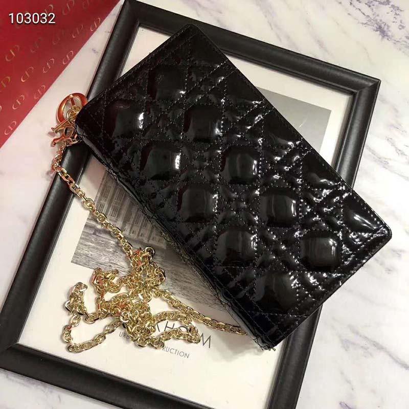Dior Women Lady Dior Pouch Black Patent Cannage Calfskin ‘D.I.O.R.’