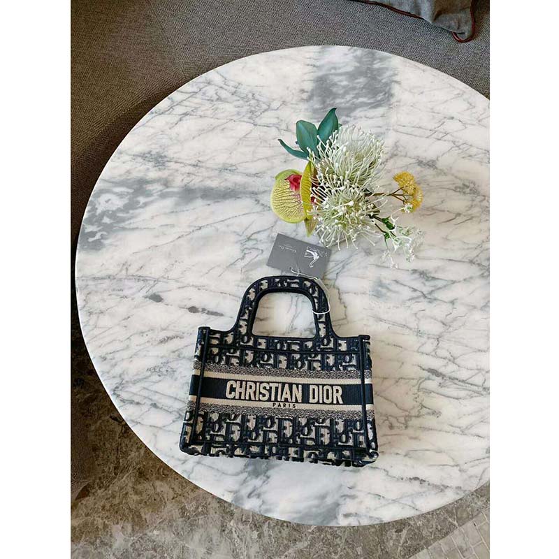 Dior Women Mini Dior Book Tote Blue Dior Oblique Embroidery