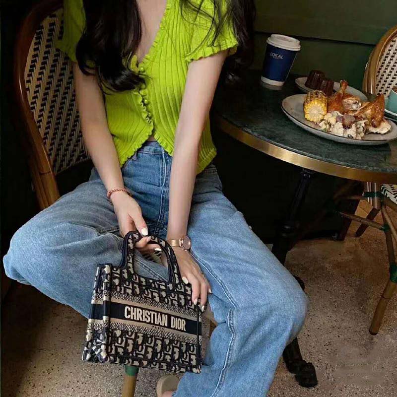 Dior Women Mini Dior Book Tote Blue Dior Oblique Embroidery