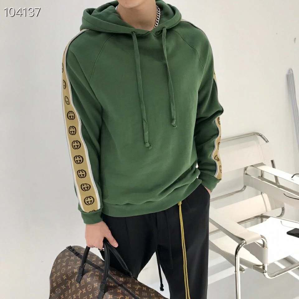 G*u*i men cotton jersey hooded sweatshirt green heavy felted organic