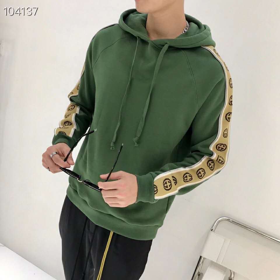G*u*i men cotton jersey hooded sweatshirt green heavy felted organic