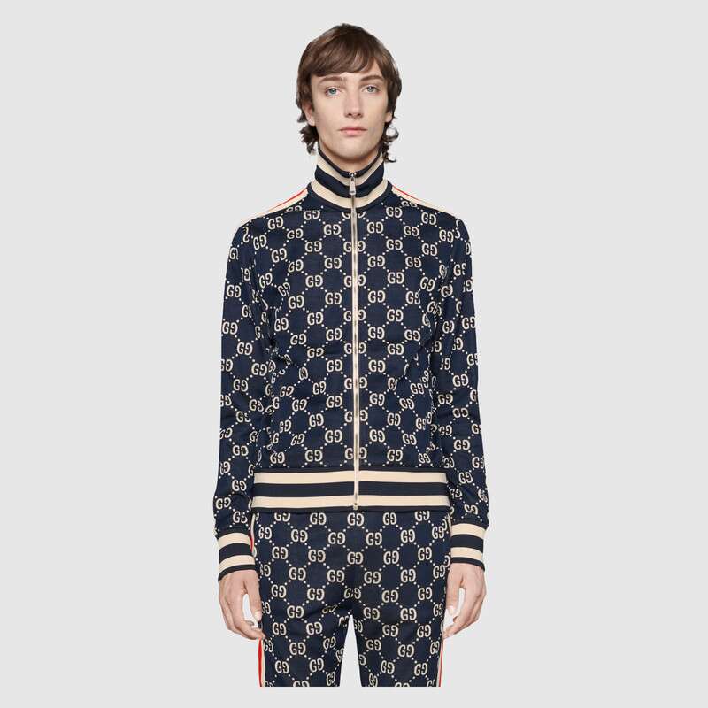 G*u*i men gg jacquard cotton jacket blue ivory gg jacquard jersey