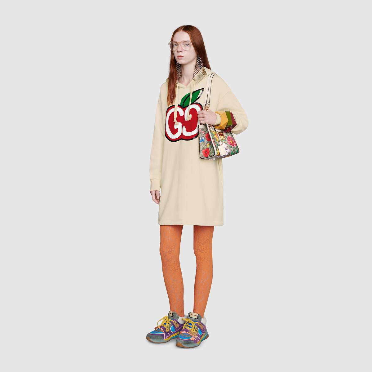 G*u*i women hooded dress with gg apple print white organic cotton jersey