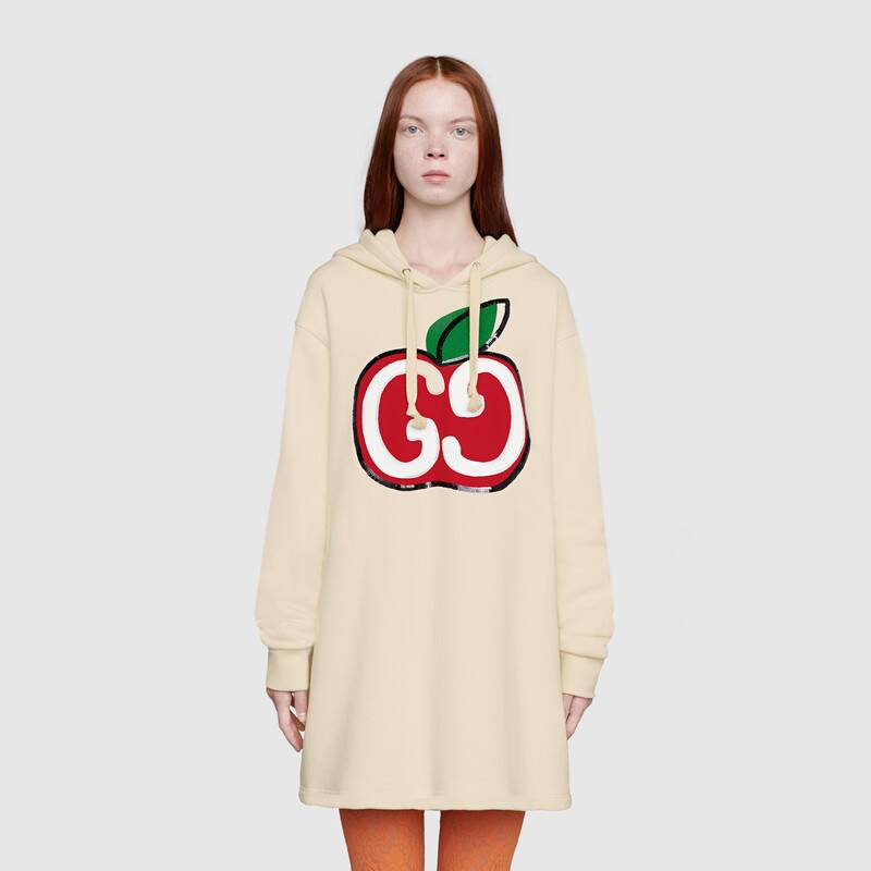 G*u*i women hooded dress with gg apple print white organic cotton jersey