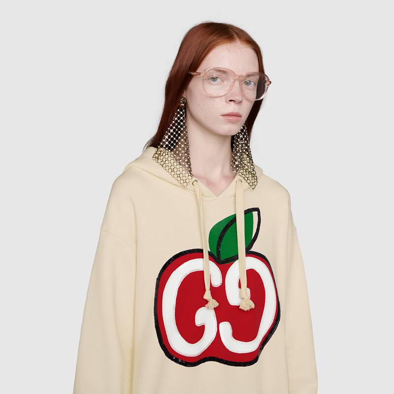 G*u*i women hooded dress with gg apple print white organic cotton jersey