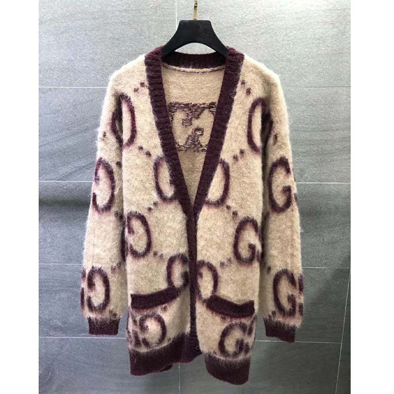 G*u*i men reversible gg mohair wool cardigan brushed gg jacquard blend