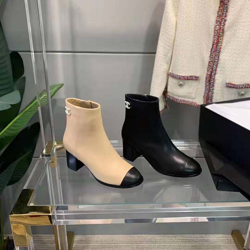 Chanel Women Ankle Boots Calfskin Black 6.5 cm 2.6 in Heel