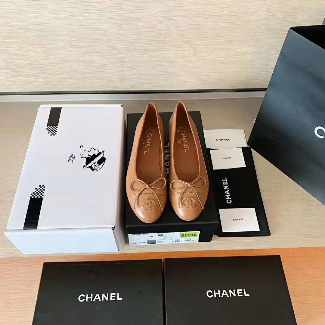Chanel Women Ballerinas Calfskin Brown 1 cm Heel