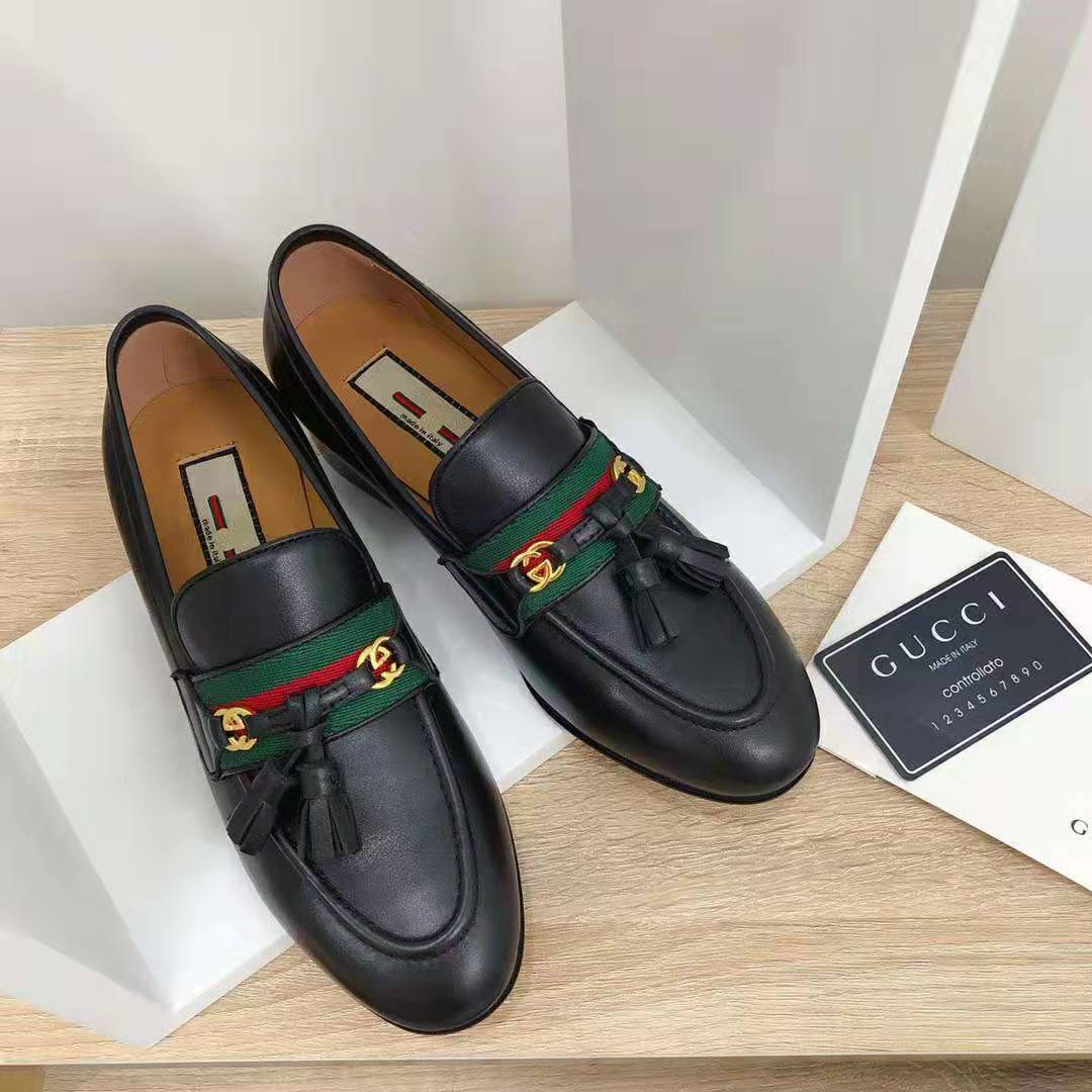 G*u*i gg unisex loafer with web and interlocking g black leather