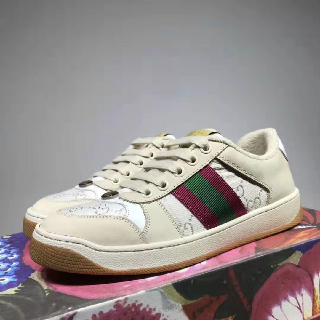 G*u*i gg unisex screener sneaker with web cream scrap less leather-beige