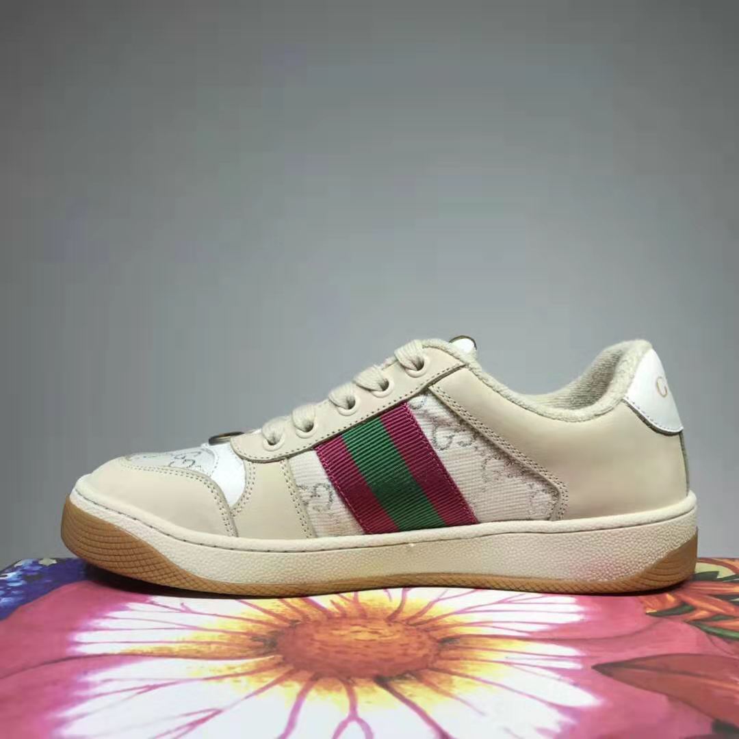 G*u*i gg unisex screener sneaker with web cream scrap less leather-beige