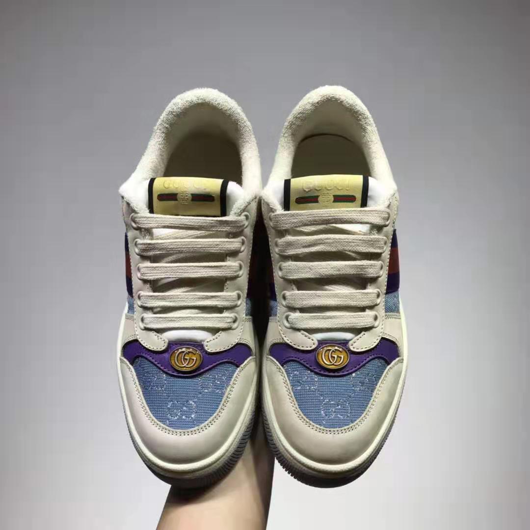 G*u*i gg unisex screener sneaker with web ivory scrap less leather-blue