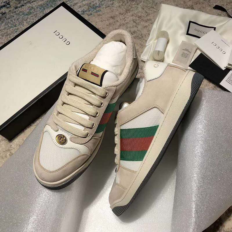 G*u*i unisex screener leather sneaker white perforated and off-white leather