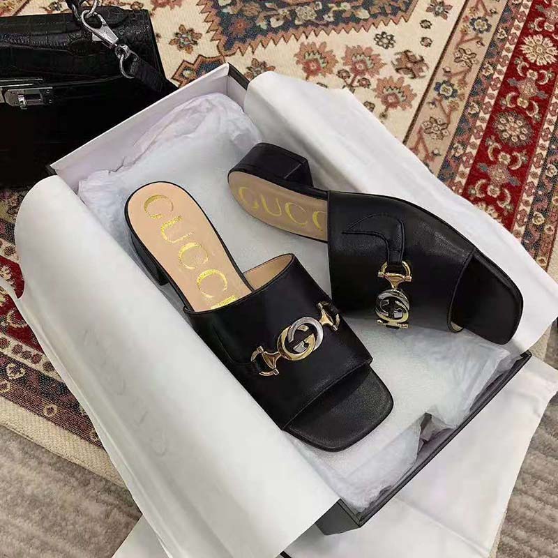 G*u*i women zumi leather slide sandal interlocking g horsebit black leather 2.5 cm heel height