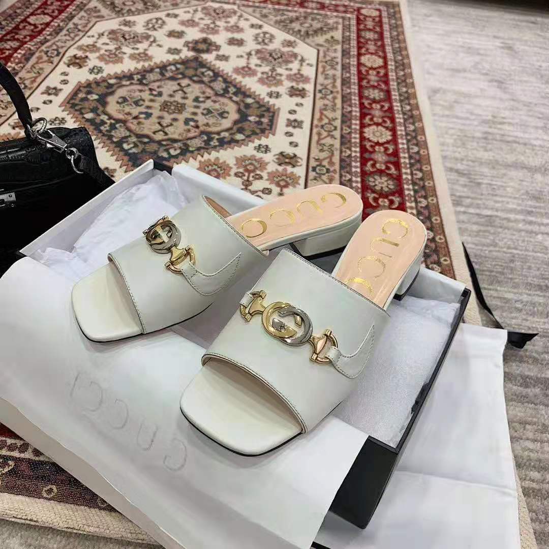 G*u*i women zumi leather slide sandal interlocking g horsebit white leather 2.5 cm heel height