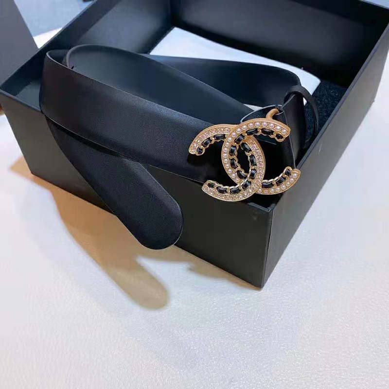 Chanel Women Calfskin Gold-Tone Metal Glass Pearls & Strass Belt Black