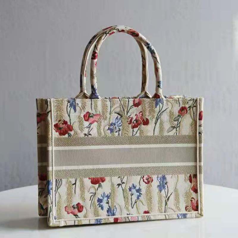 Dior Women Small Book Tote Beige Multicolor Hibiscus Metallic Thread Embroidery