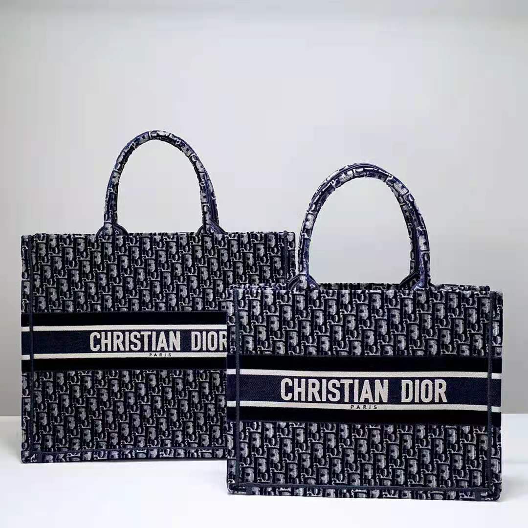 Dior Women Small Dior Book Tote Blue Dior Oblique Embroidered Velvet