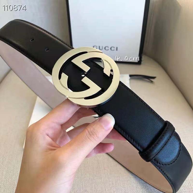 G*u*i gg unisex black leather belt with interlocking g buckle 4 cm width