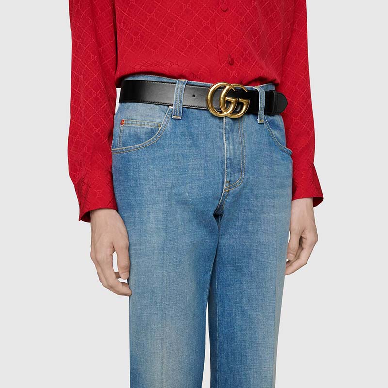 G*u*i gg unisex gg marmont leather belt with shiny buckle black 4 cm width