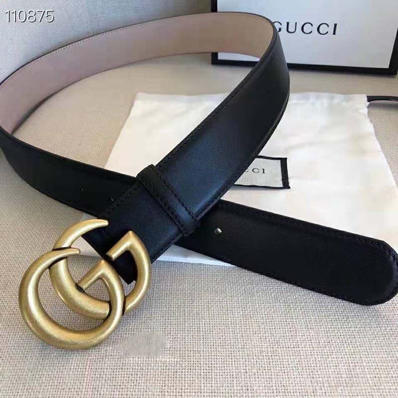 G*u*i gg unisex gg marmont leather belt with shiny buckle black 4 cm width