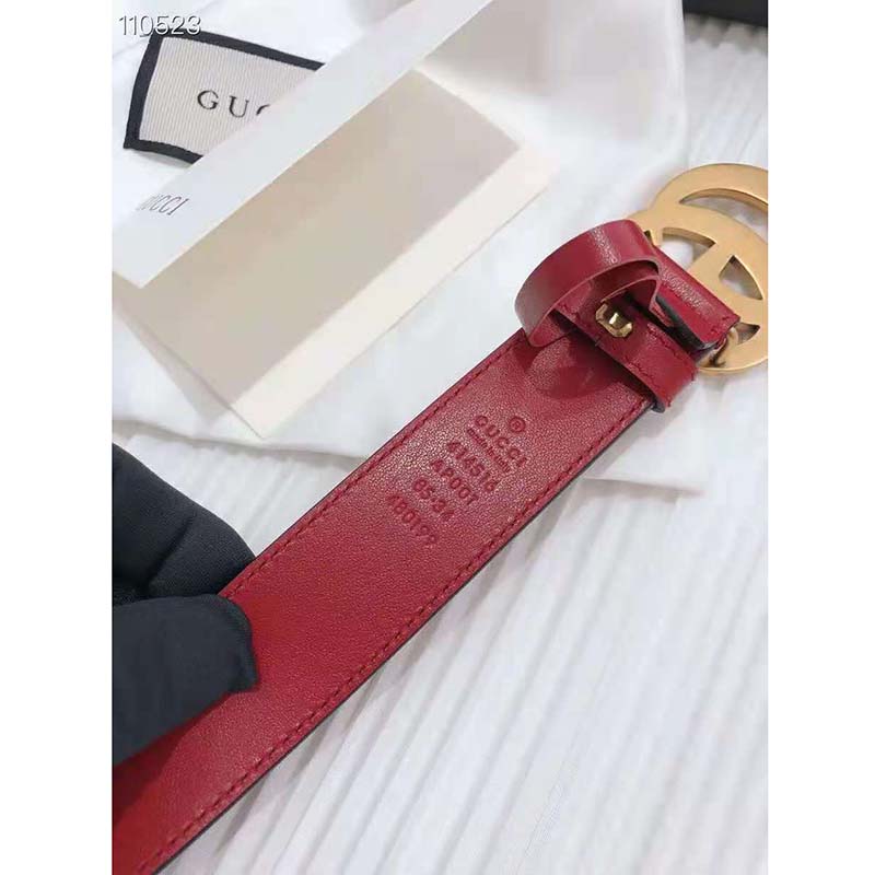 G*u*i unisex gg marmont thin leather belt with shiny double g buckle-red