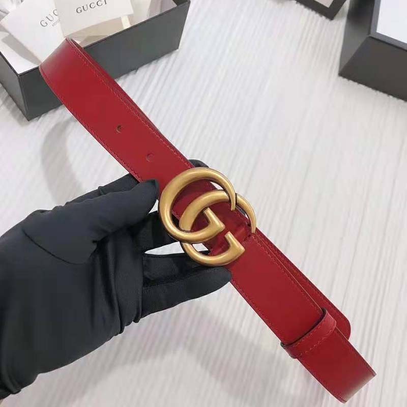 G*u*i unisex gg marmont thin leather belt with shiny double g buckle-red