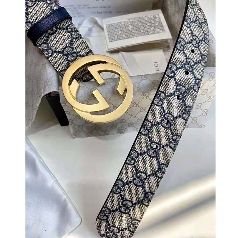 G*u*i unisex gg supreme belt g buckle beige/blue gg supreme canvas 4 cm width
