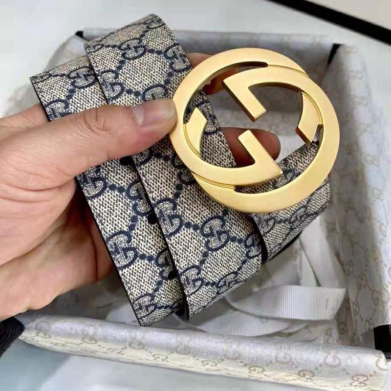 G*u*i unisex gg supreme belt g buckle beige/blue gg supreme canvas 4 cm width