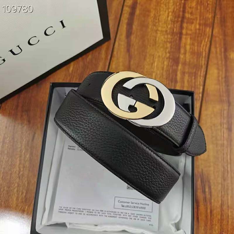 G*u*i unisex leather belt with interlocking g buckle 4 cm width black leather