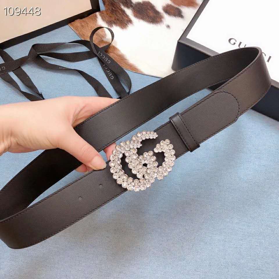 G*u*i women gg leather belt with double g buckle 4 cm width-black