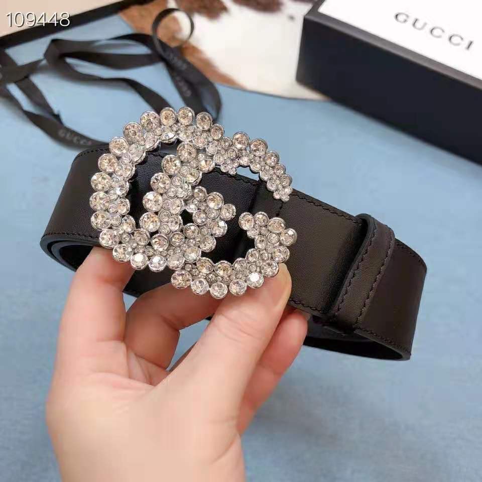 G*u*i women gg leather belt with double g buckle 4 cm width-black