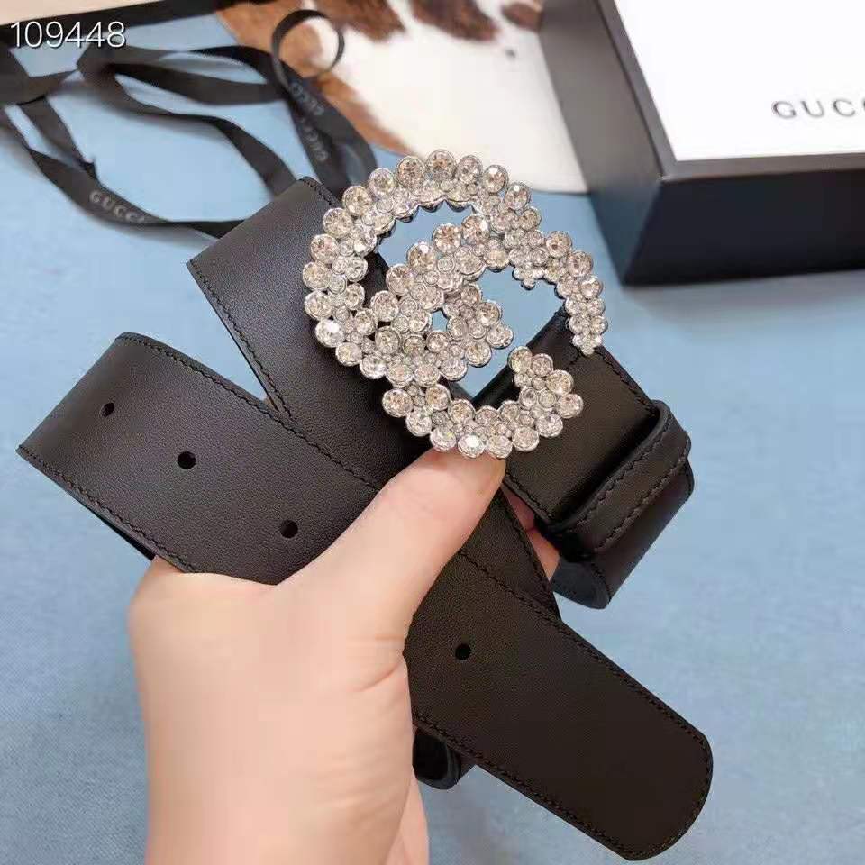 G*u*i women gg leather belt with double g buckle 4 cm width-black