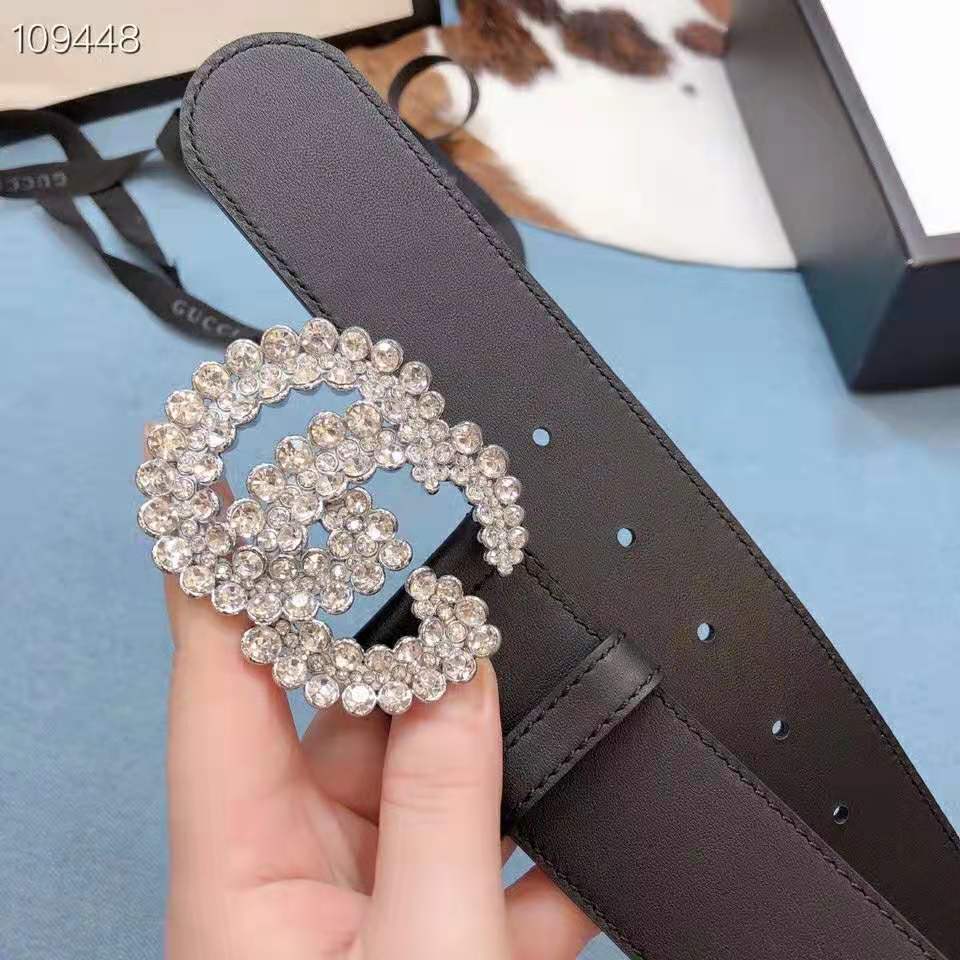 G*u*i women gg leather belt with double g buckle 4 cm width-black