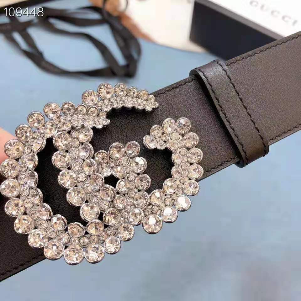 G*u*i women gg leather belt with double g buckle 4 cm width-black